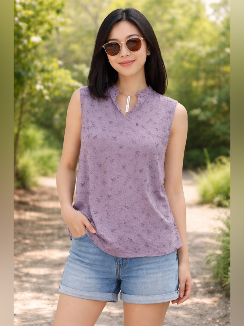 Modern Ambition, NWT, Sleeveless Lavender Floral Blouse, L, P2P: 22”